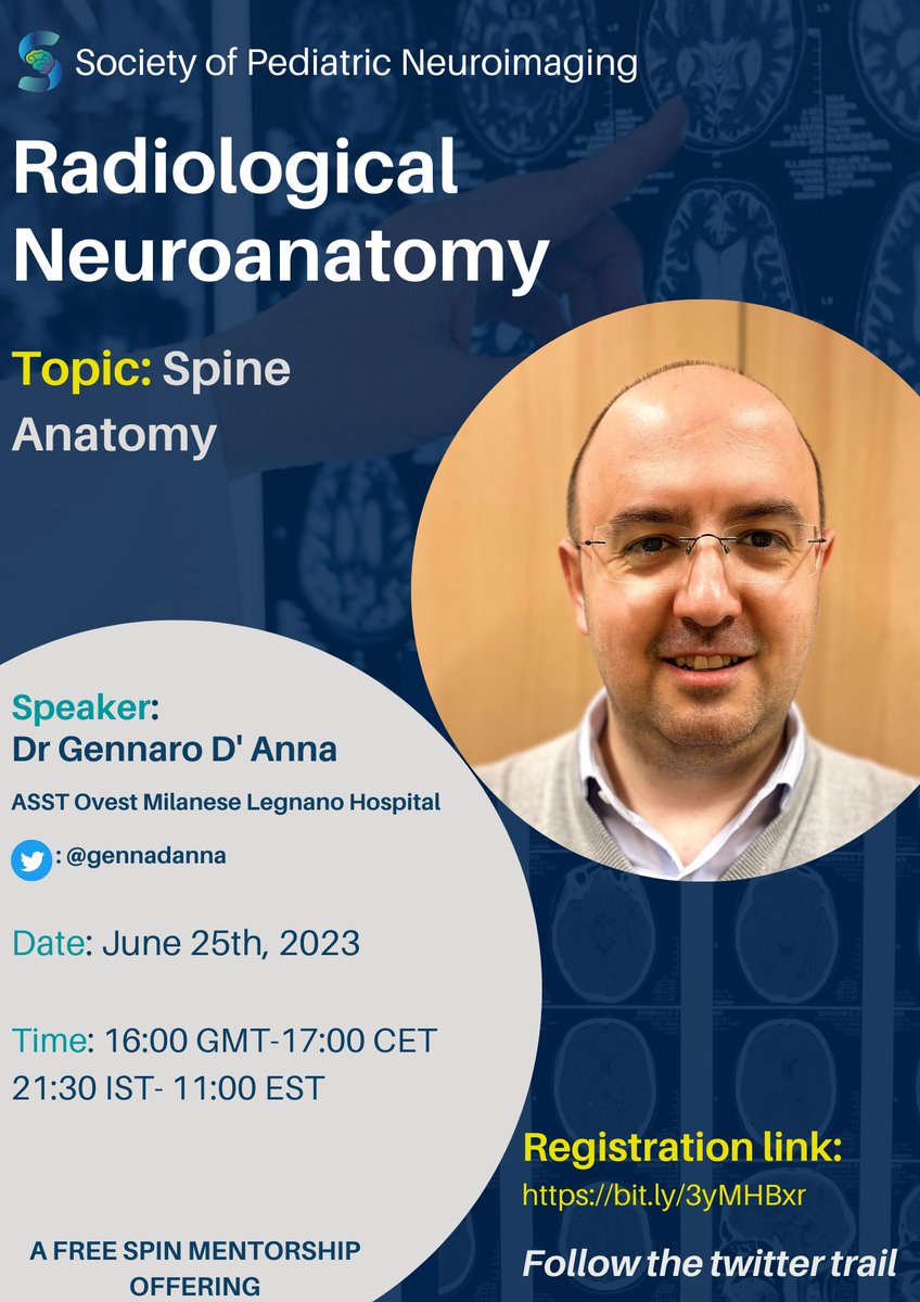 Announcing the next edition of our Neuroanatomy series: Spine Anatomy by Dr Gennaro D'Anna @gennadanna. 

Our live sessions are free offerings to all #medicalstudents #radiologyresidents #radiologists Link to register: bit.ly/3yMHBxr