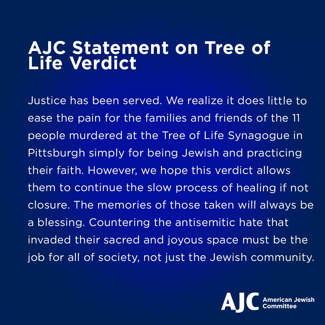 Justice was served with today’s verdict in the Tree of Life synagogue shooter trial.

While it cannot erase the pain, we hope it brings some comfort to the families and friends of the victims.

Our full statement: