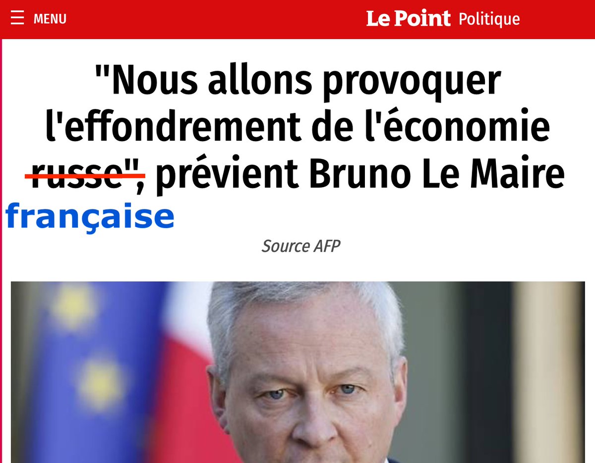 Balance commerciale↩️
🇷🇺+282 milliards $ en 2022
🇫🇷-164 milliards € en 2022
Dette publique↩️
🇷🇺 210 milliards € = 13% du PIB
🇫🇷 3000 milliards € = 112% du PIB
Taux de chômage 2023↩️
🇷🇺 3%
🇫🇷 7%
#MacronDestitution puis #Frexit