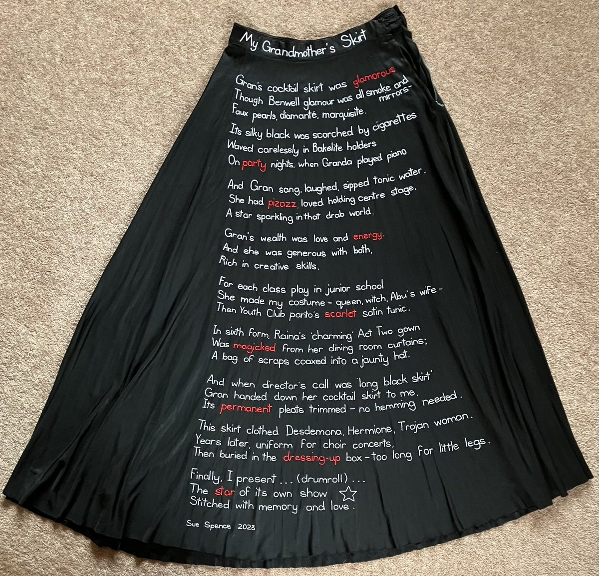 ‘My Grandmother’s Skirt’ - my poem celebrating an old black skirt & Gran who gave it to me - has been hand embroidered on that very skirt, with the final stitch going just now. But with 6 days to spare for my 💯 day project, maybe I can stitch a quick postscript on the reverse?