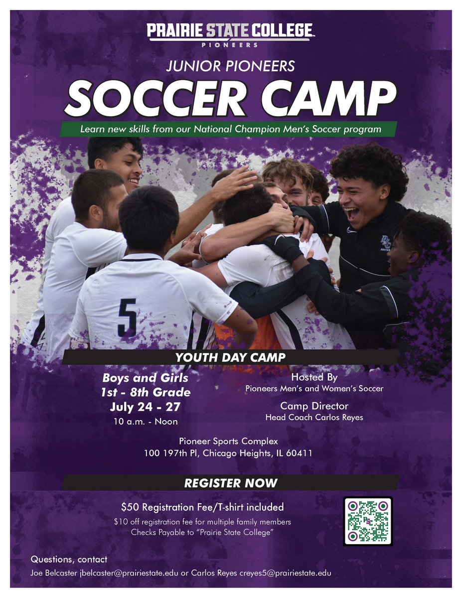 ⚽️Junior Pioneers Soccer Camp ⚽️ Sign up today‼️ 🗓️ July 24th - 27th ⌚️10:00am - 12:00pm 📍Pioneer Sports Complex ⚽️ Boys and Girls 1st - 8th Grade 💰$50 Per Camper - Shirt Included! 🖊️ prairiestateathletics.com