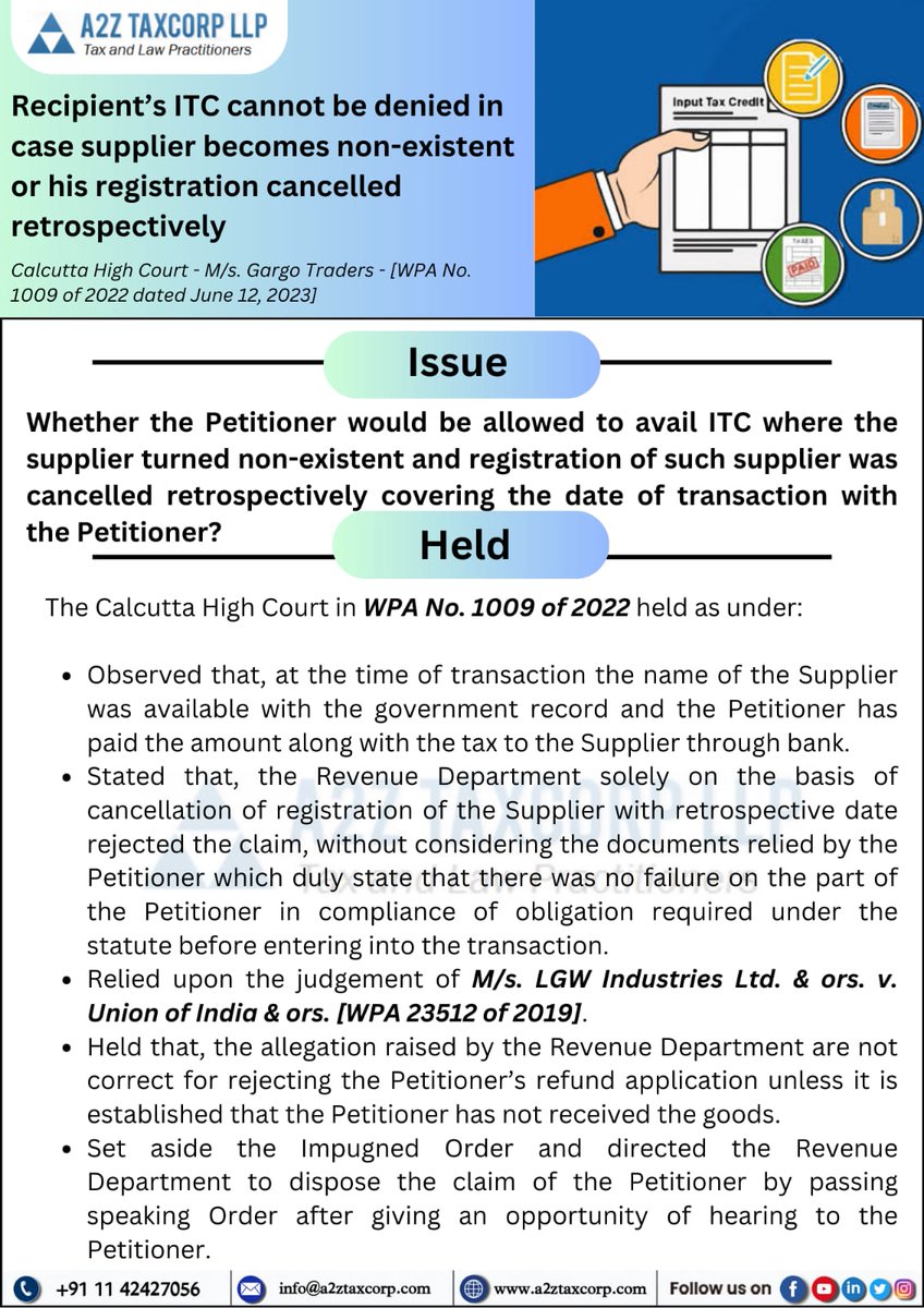 🔰 Recipient’s ITC cannot be denied in case supplier becomes non-existent or his registration cancelled retrospectively

🔖 Read More at: a2ztaxcorp.com/recipients-itc…

#gstwithbimaljain #a2ztaxcorpllp #gst #gstitc #InputTaxCredit #gstupdates #GSTRegistration