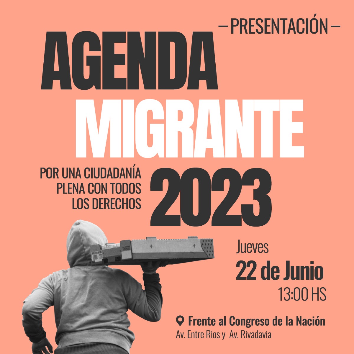 migrantesx's tweet photo. *Presentación Agenda Migrante 2023*

🟠Organizaciones de migrantes, de derechos humanos e instituciones académicas convocamos al *jueves 22 de junio a las 13 hs frente al Congreso de la Nación* a la presentación de la _Agenda Migrante 2023_. https://t.co/2sQoB3sxD3