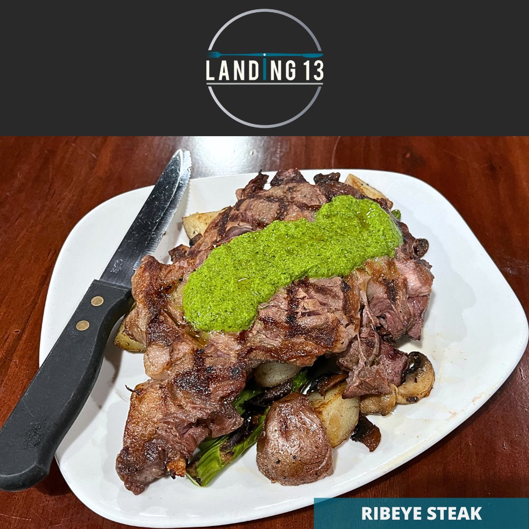 Craving a delicious steak? Landing 13 has you covered with our Ribeye Steak! Grilled to order, served atop seasonal vegetables and roasted red potatoes.

#Landing13
#Porterville
#RibeySteak
#Ribeye
#Steak
#Dinner
#Food
#Grilled
#Cravings