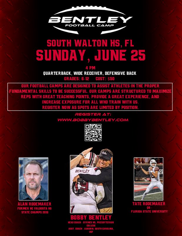 QBs come train with FSU quarterback @TateRodemaker next week - sign up now to save your spot BobbyBentley.com