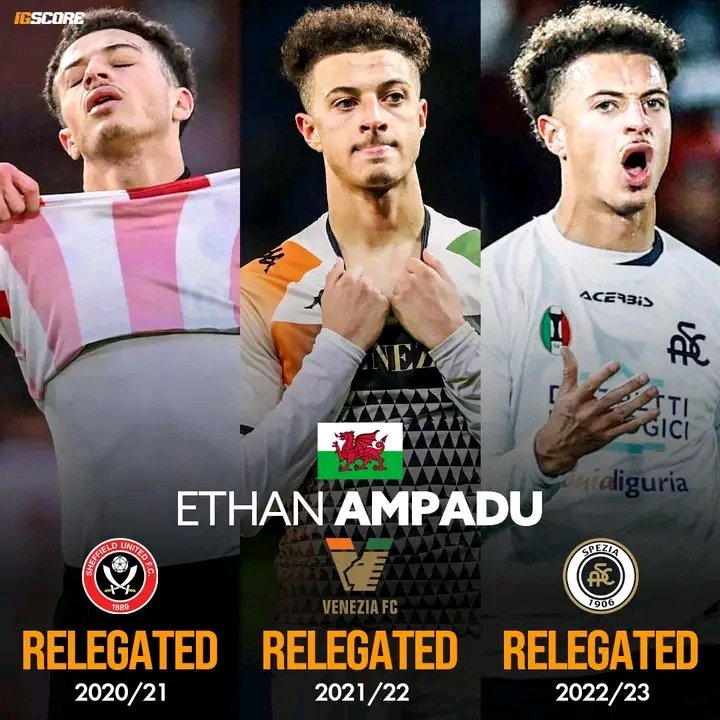 Ampadu is the first player to relegate with three different team in 3 consecutive years. 
Awful records!