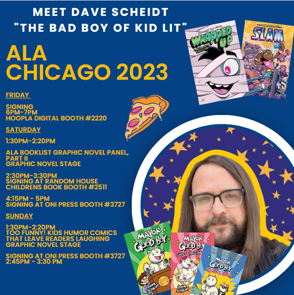 I will be at #ALAAC23 in one week!!!!!! I'd love to meet all you rad librarians and educators and book friends! Come say hi!!! Here is my final schedule! Screenshot this! See you there. #kidlit #mayorgoodboy #makecomics #chicago