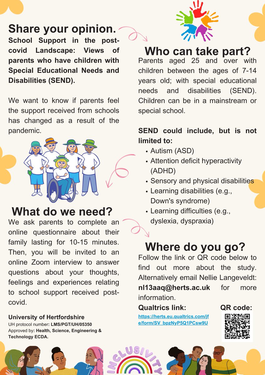 Call for participation in a research study on School Support in the post-covid Landscape. Details in the Flyer. #SEND #PostPandemic #Support