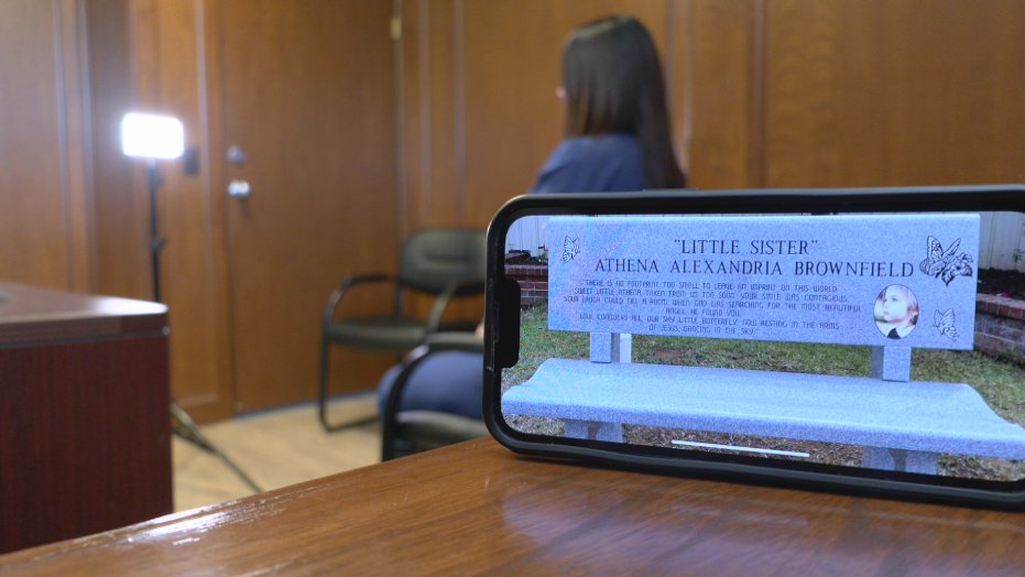 "OUR SHY LITTLE BUTTERFLY, NOW RESTING IN THE ARMS OF JESUS," says the message on a new memorial bench in honor of #AthenaBrownfield, the 4-year-old from Cyril whose remains were found in January. Hear how the the project was made possible - tonight at 5 <a href="/News9/">News 9</a>.