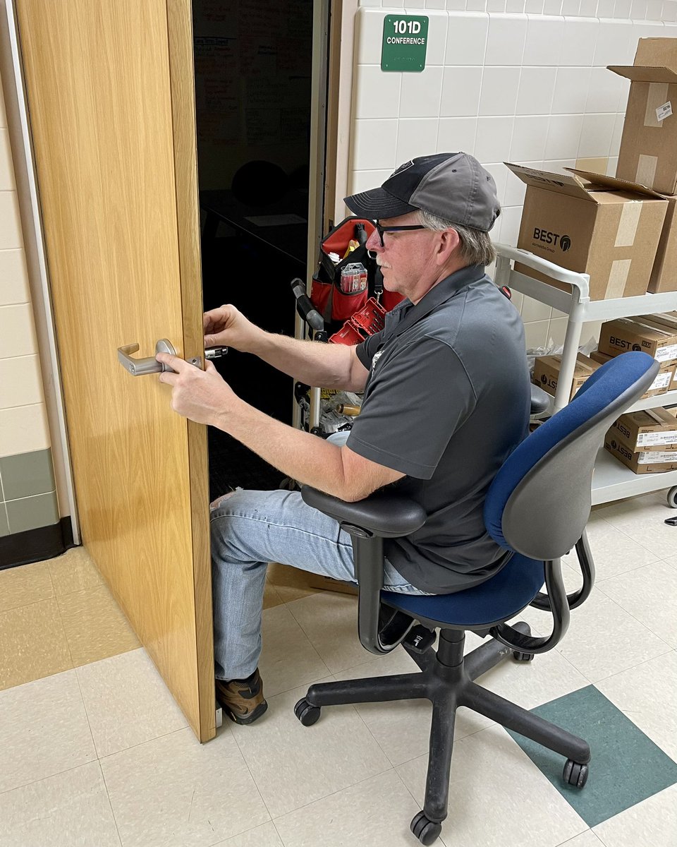 Day 6 is underway and we already found Tony sitting down on the job. He’s in the process of installing 793 new door security locks in 9 <a href="/BethlehemAreaSD/">BASD</a> elementary schools. This project will take longer than the remaining 50 days of summer, but he’s coming to a school near you!