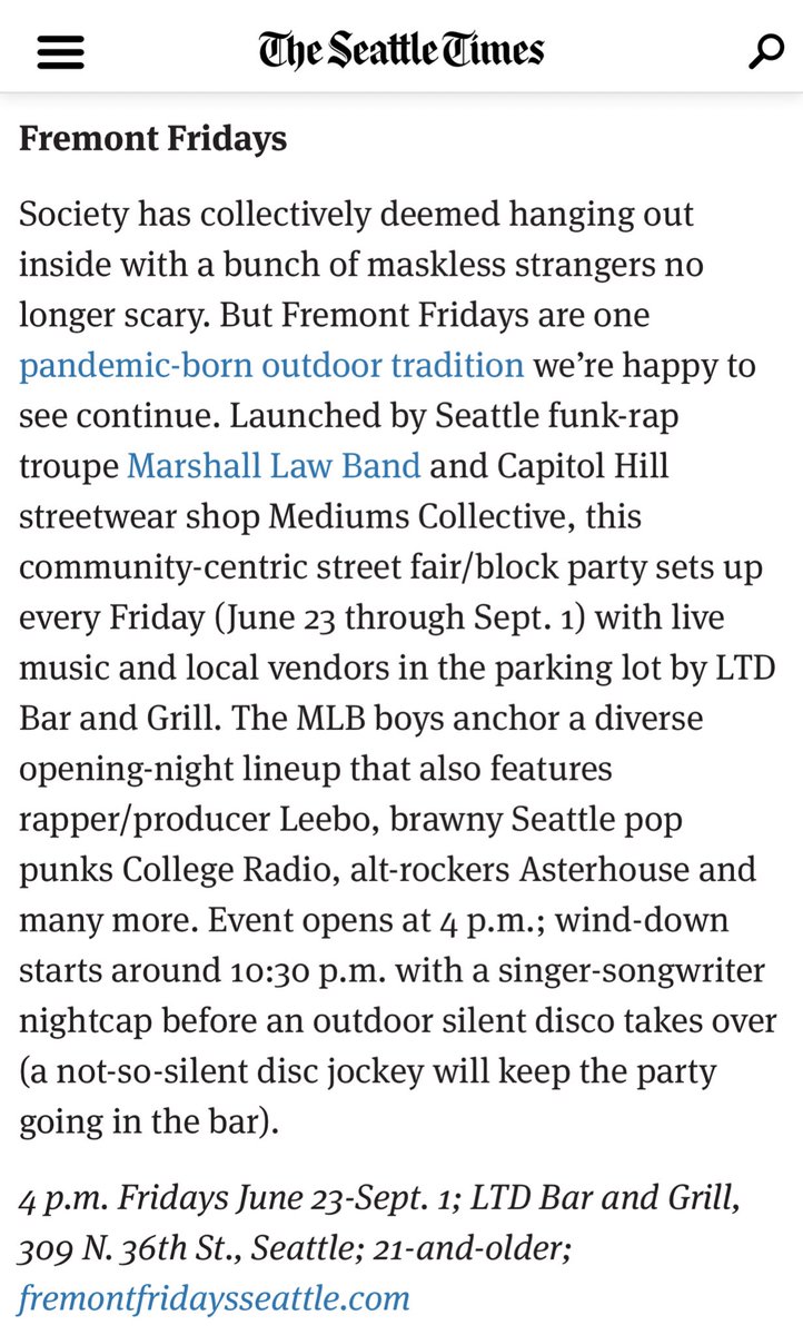 🗣️📰 <a href="/seattletimes/">The Seattle Times</a> with the <a href="/FremontFridays/">Fremont Fridays</a> shoutout for best summer events 🧡💙 thank you <a href="/mrietmulder/">Michael Rietmulder</a> and all of you who make FF what it is 💯 see you tonight at <a href="/TheMediumsBrand/">MEDIUMS COLLECTIVE</a> for the “Prefunk” and next week for the kick-off 🌉🤩🗣️