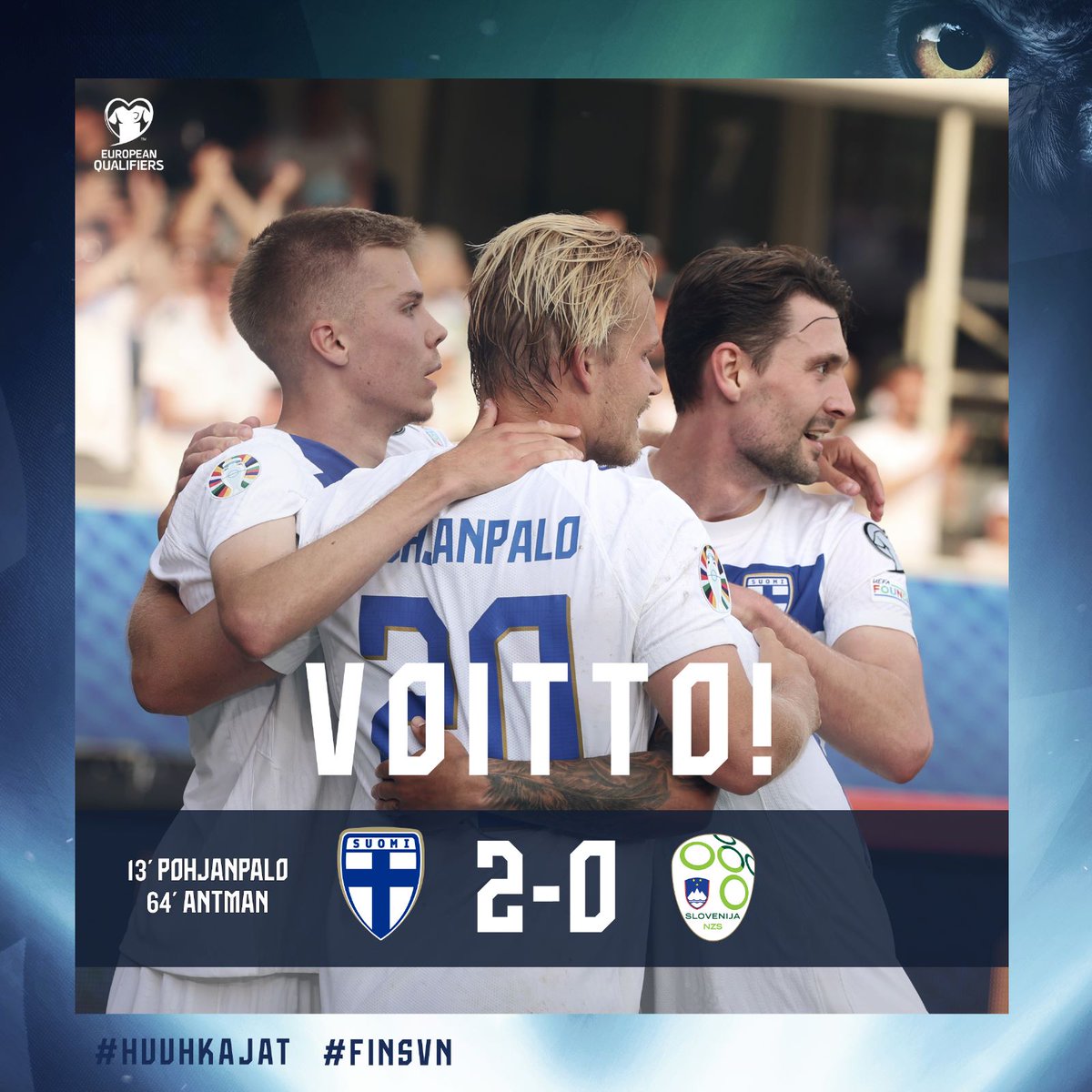 SUOMI VOITTAA! 💙🤍

Ikimuistoinen ilta mahtavan kotiyleisön edessä! Huuhkajat nousee komealla Slovenia-voitolla lohkokärkeen - EM-karsinnat jatkuvat maanantaina San Marinoa vastaan. OI SUOMI ON! 💪

Liput ➡ palloliitto.fi/liput/huuhkaja…

#Huuhkajat #EURO2024 #FINSVN #MeOlemmeSuomi