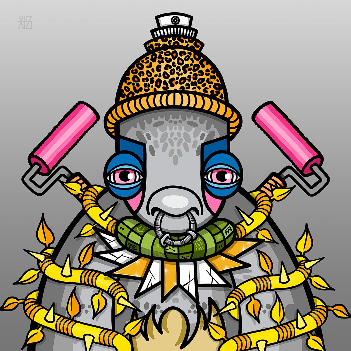 Tribe. 

#FluxItFriday  🎨 🖌️ 

On the Weekend, this Flux is reppin his Cracked Gold Grill, he's a part of Deviant Devs street Gang. 

Regz background and Overcast Skin got this Flux blending in, into his surroundings, always ready to win. 

🔥💯🔥

@FLUXTRIBE420 #tezos