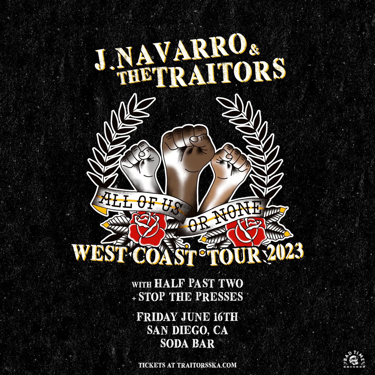 J. Navarro and the Traitors (@traitorsska) on Twitter photo Last night was our final show w/ <a href="/0mnig0ne/">0mnig0ne</a> & TONIGHT is our final show w/ <a href="/STOPresses/">Stop The Presses</a>. Gonna miss everyone, this tour has been such a dream come true. See you tonight at @sodabarsd . Doors 7:30pm / show 8:30pm! 21+. Stoked to have our friends <a href="/halfpasttwoska/">Half Past Two</a> joining us tonight. Last night was our final show w/ <a href="/0mnig0ne/">0mnig0ne</a> & TONIGHT is our final show w/ <a href="/STOPresses/">Stop The Presses</a>. Gonna miss everyone, this tour has been such a dream come true. See you tonight at @sodabarsd . Doors 7:30pm / show 8:30pm! 21+. Stoked to have our friends <a href="/halfpasttwoska/">Half Past Two</a> joining us tonight.