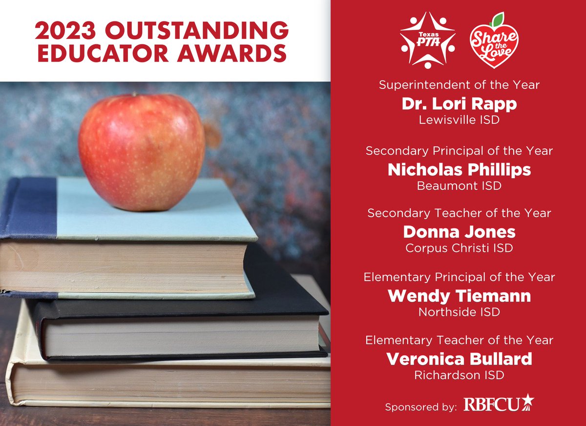 It's with great privilege that we announce the Texas PTA 2023 Outstanding Educators of the Year. Let’s give them a HUGE congrats! 🎉 txpta.org/share-the-love.

These outstanding educators will be celebrated during the Talk of Texas Lunch at LAUNCH! txpta.org/launch