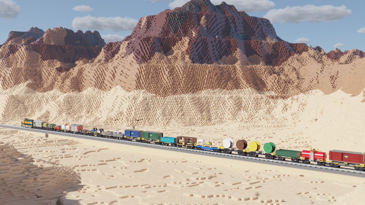 whocompute's tweet photo. A render of a Lego BNSF train in the desert. Built in LeoCAD, rendered in @blender #b3d, material textures from @ambientCG, HDRI from @polyhaven, rendered in 4K at 2048 samples. More renders and extra info is at https://t.co/bZN5xVhZib https://t.co/yesAocu4V4