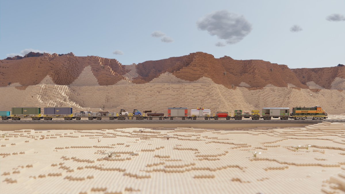 whocompute's tweet photo. A render of a Lego BNSF train in the desert. Built in LeoCAD, rendered in @blender #b3d, material textures from @ambientCG, HDRI from @polyhaven, rendered in 4K at 2048 samples. More renders and extra info is at https://t.co/bZN5xVhZib https://t.co/yesAocu4V4