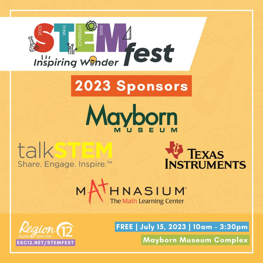 The Mayborn Museum will be filled with endless opportunities to ignite your curiosity on July 15, from 10 am - 3:30 pm, for our 3rd annual STEMfest! Check out just a few of the amazing organizations joining us that day. BIG Thank you to our 2023 sponsors!