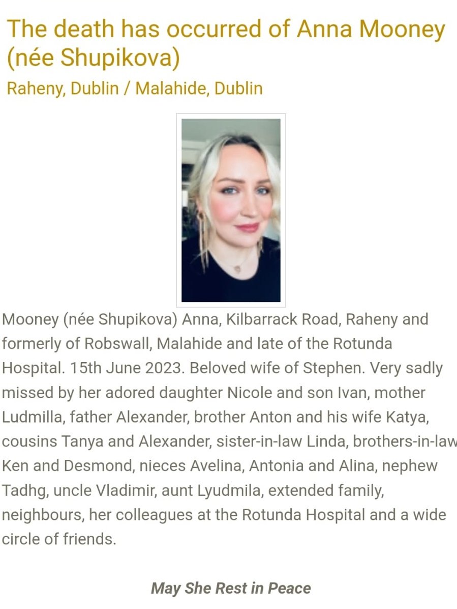 notinthehumour's tweet photo. The beautiful #AnnaMooney 💔

I can't get my head around this at all. "Beloved wife of Stephen"??

The man brutally murdered her while her children were in the house. Why would anyone think it's ok to put this in her death notice 😔 https://t.co/Hd9xvTMSxp
