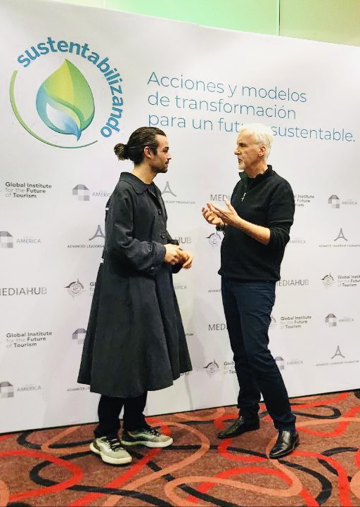 Amazing moment with <a href="/JimCameron/">James Cameron</a>  🎥. Presenting my sustainability, fashion and technology project that relates to <a href="/NFTranscendence/">Transcendence Platform</a> .Grateful and inspired by his vision for the environment 👽Remind us of the importance of protecting our planet and creating a sustainable future🌿