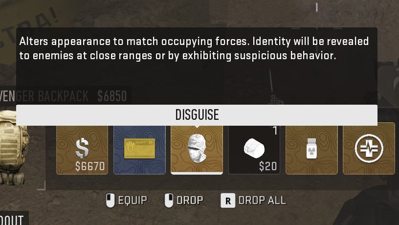 MrProWestie's tweet image. DMZ has a new Disguise item!

Does what it says on the tin: disguises your true Operator skin and mimics the AI, allowing you to blend in and move amongst them without detection.

Credit to @jeroen2211 and his teammate Steve for the find!