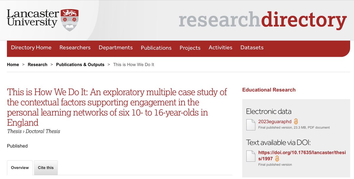 OmaEguara's tweet image. Thanks again to all who supported my doctoral studies &amp;amp; research. For those who asked, here’s my thesis. doi.org/10.17635/lanca… #StudentEngagement #NetworkedLearning #PersonalLearningNetworks #StageEnvironmentFit #SchoolTransitions #ResearchingWithChildren #EducationalResearch