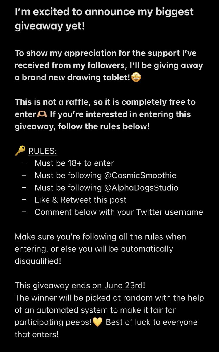 10K GIVEAWAY🔥
Winner gets a FREE drawing tablet!

RULES:
💡Must be 18+ to enter
💡Must be following @CosmicSmoothie
💡Must be following <a href="/AlphaDogsStudio/">Alpha Dogs</a>
💡Like &amp; Retweet this post
💡Comment below with your Twitter username

Make sure you follow the rules correctly!
GOOD LUCK🤩✨