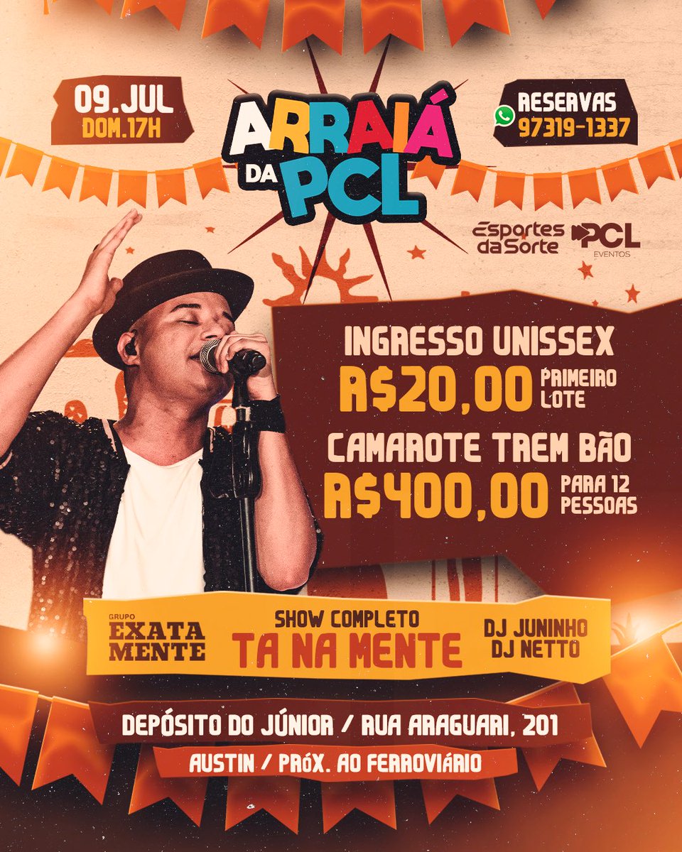 pcl_eventosofc's tweet photo. Acabou a espera… 💥💥💥

Dia 9 de Julho DOMINGÃO Tem Show Completo do @grupotanamente no Palco Do Arraiá da PCL, Vamos cantar juntinhos todos os sucessos do Tá Na Mente 

Vendas de Ingressos e Camarotes a partir deste sábado 17|06  

Local: DEPÓSITO DO JÚNIOR 📍 https://t.co/HtFkWWrPll