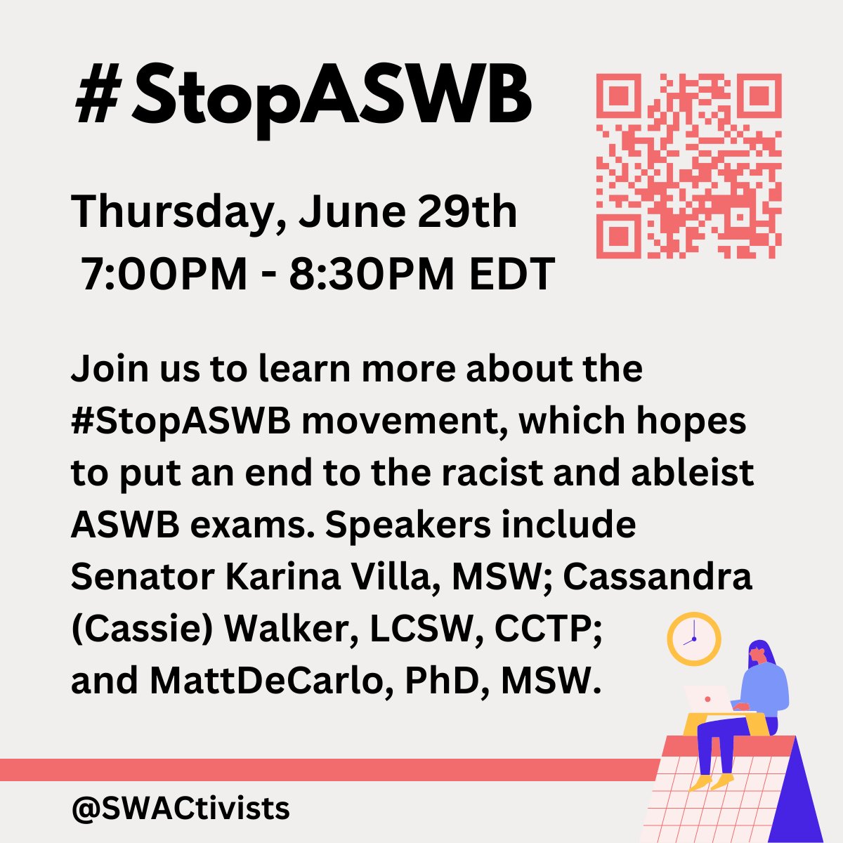 See you on Thursday, June 29th and learn more about the social work licensing exams and the racist and ableist processes and outcomes. Register using the QR code or at: tinyurl.com/nsnxjxw6

#FridayFeeling #socialwork #socialworker #stopaswb