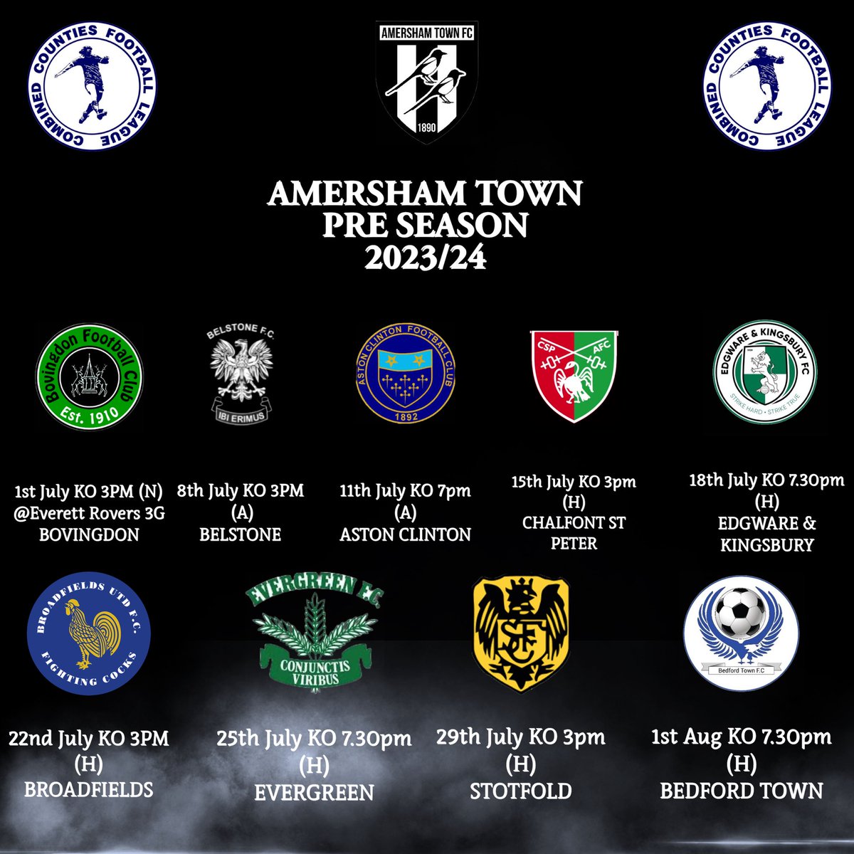 ⚫️⚪️ 𝙋𝑹𝙀 𝙎𝑬𝘼𝑺𝙊𝑵 𝑺𝘾𝑯𝙀𝑫𝙐𝑳𝙀 

@BovingdonFC 
@everettrovers 
@belstone_fc 
@AstonClintonFC 
@csp_afc 
@EdgwareFC 
@BroadfieldsUtd 
@officialegfc 
@stotfoldfc 
@BedfordTown 

@EverythingCCL @AmershamNews