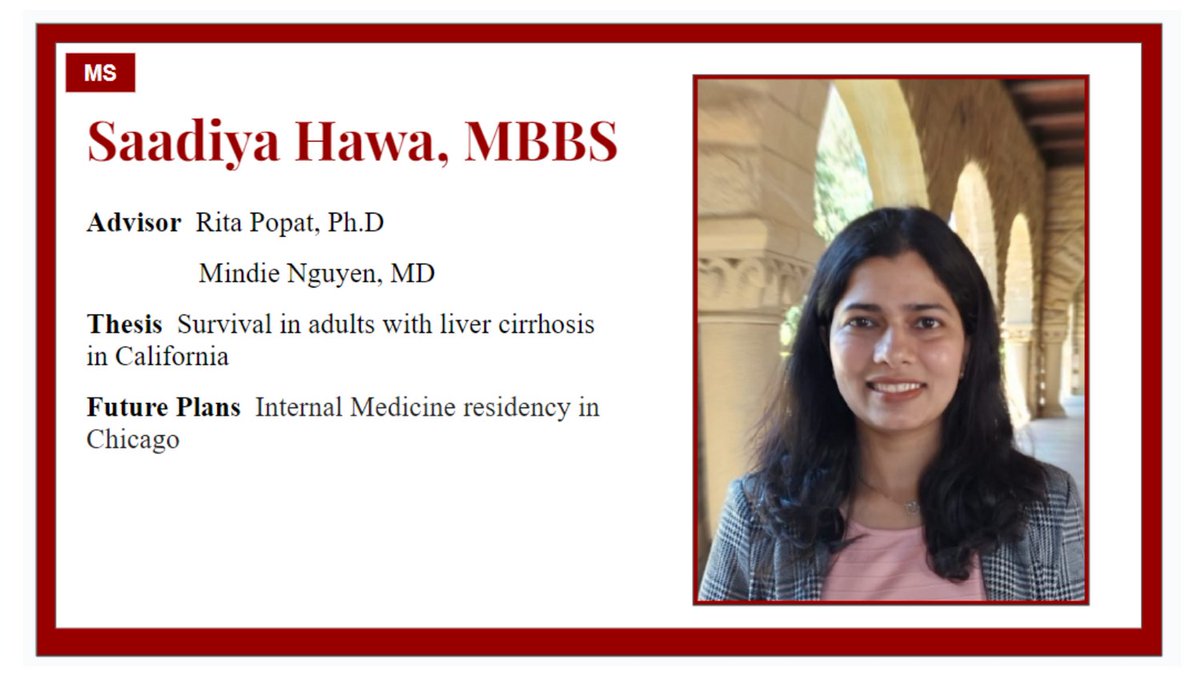 StanfordEpiNews's tweet photo. Saadiya Hawa, MBBS, will graduate with her MS in Epidemiology and Clinical Research. Her future plans include an internal medicine residency in Chicago. Congrats! #StanfordGrad https://t.co/zSgDJB6fx1