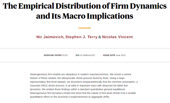 Revisiting a central feature of heterogeneous firm models, the idiosyncratic shock process faced by firms, from Nir Jaimovich, Stephen J. Terry, and Nicolas Vincent nber.org/papers/w31337