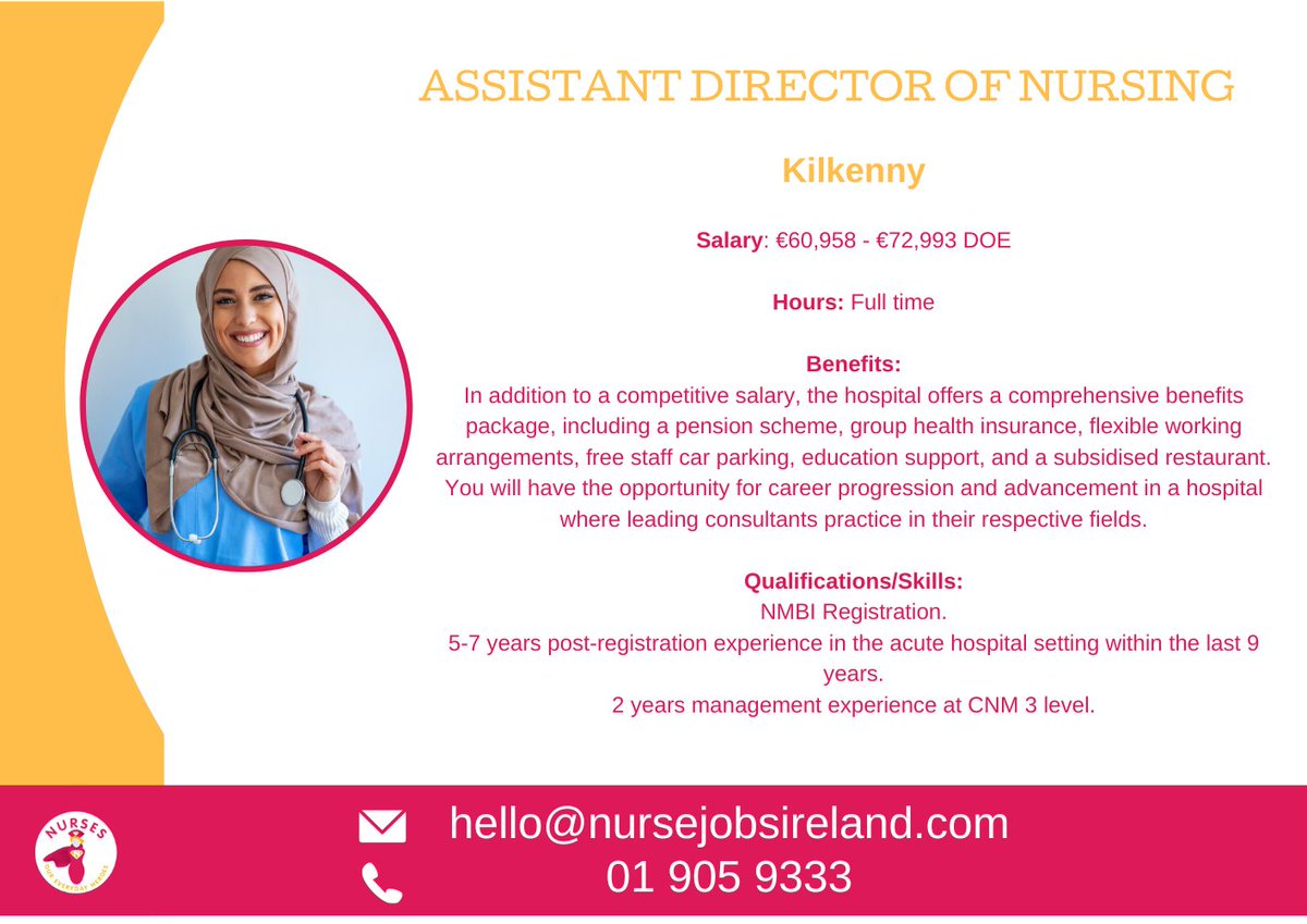 Are you an experienced nursing professional looking for a leadership role? We're recruiting on behalf of a world-renowned healthcare provider in Kilkenny. They seek an Assistant Director of Nursing (ADON) to join their team in their prestigious Private Hospital. #NurseJobAlert