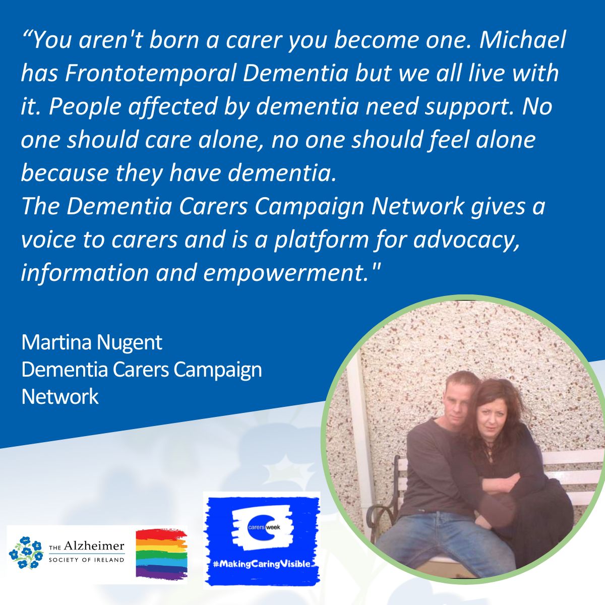 The Alzheimer Society of Ireland (@alzheimersocirl) on Twitter photo Our fantastic <a href="/DCCNIRL/">Dementia Carers Campaign Network (The ASI)</a> member, Martina, who cares for her husband Michael, talks about the impact of dementia on the family, and the need for support. Thank you, Martina for sharing your story to ensure that family carers are visible.💜
#CarersWeek2023 #MakingCaringVisible Our fantastic <a href="/DCCNIRL/">Dementia Carers Campaign Network (The ASI)</a> member, Martina, who cares for her husband Michael, talks about the impact of dementia on the family, and the need for support. Thank you, Martina for sharing your story to ensure that family carers are visible.💜
#CarersWeek2023 #MakingCaringVisible