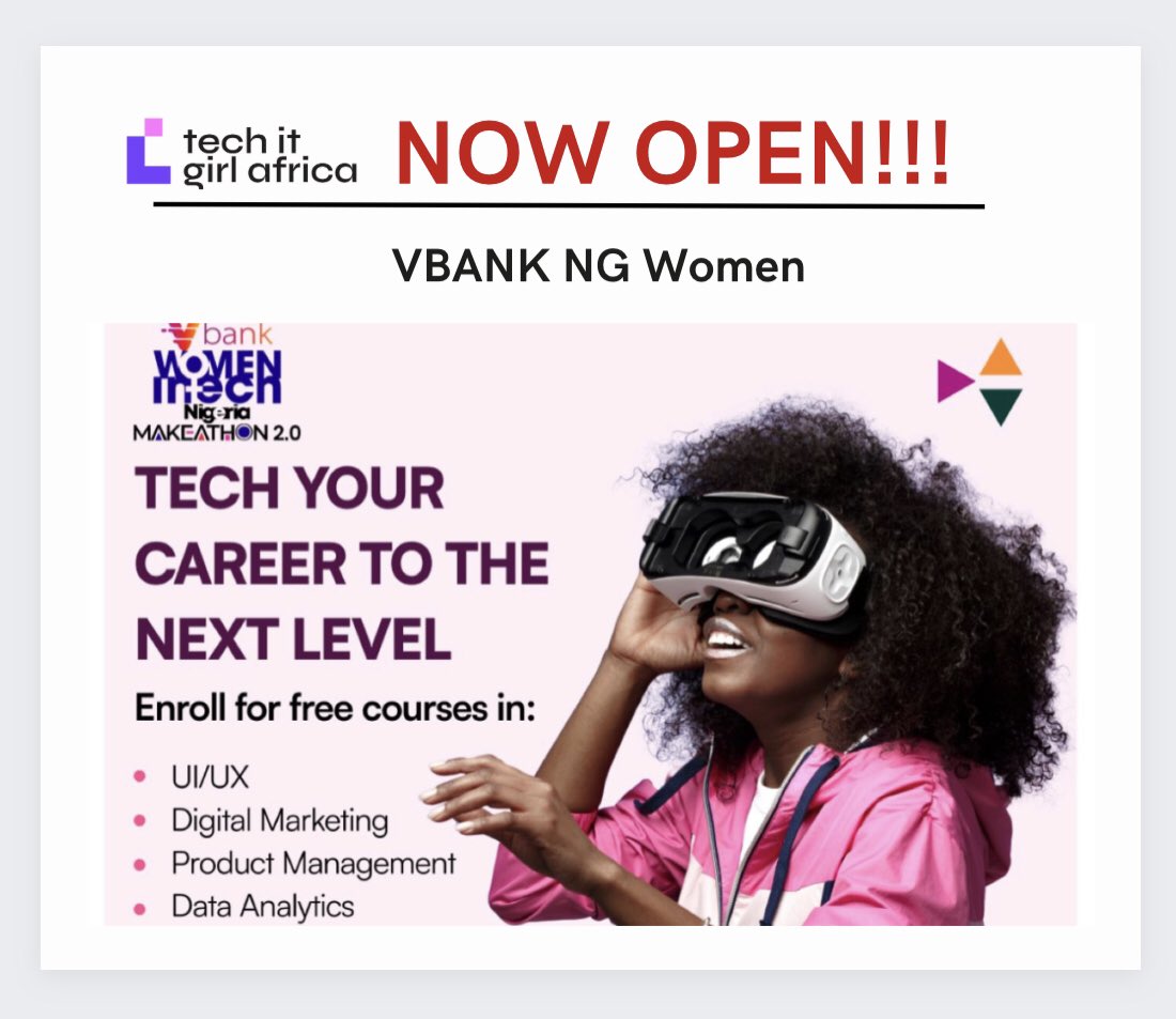 The VBank WITN Makeathon aims to train 1,500 Nigerian women and girls in tech.

The program also offers free mentorship and internships in top-oriented organizations. 

Apply now with the link below!

bit.ly/vbankmakeathon

#techitgirlafrica #techcareers #womenintechnology