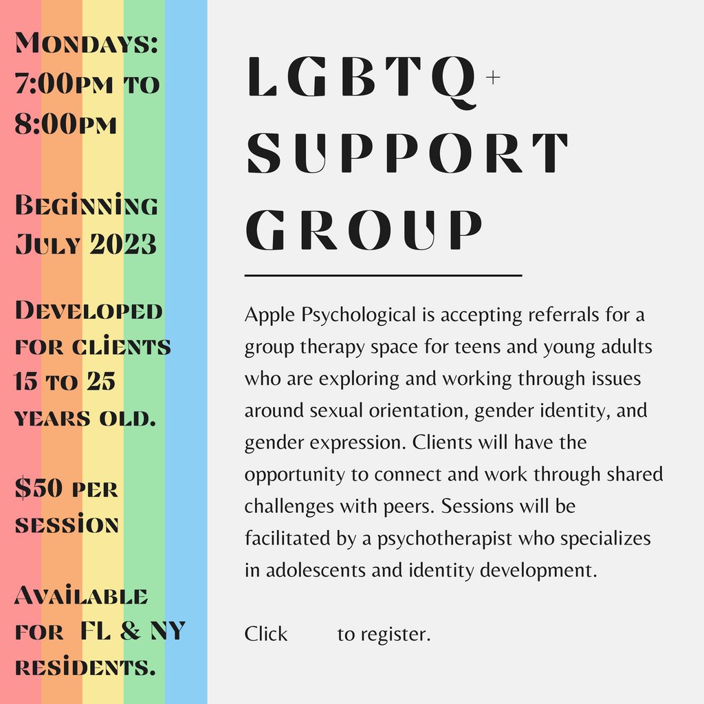 applepsyc's tweet image. LGBTQ+ SUPPORT GROUP

#lgbtq #grouptherapy #gender #teens #youngadults

Click Here To Register
bit.ly/3JhWSfi