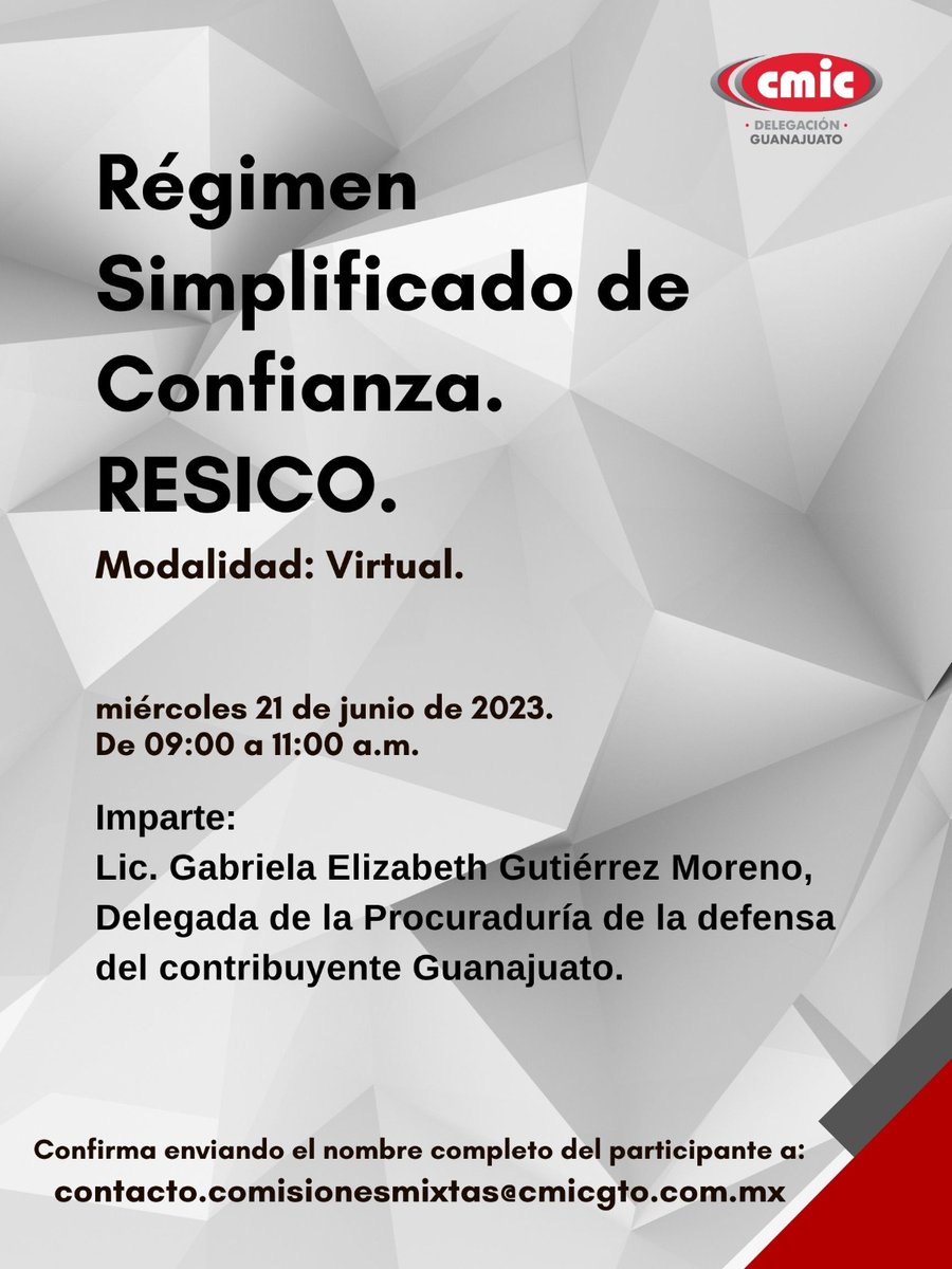 cmicgto's tweet image. 📢𝗥é𝗴𝗶𝗺𝗲𝗻 𝗦𝗶𝗺𝗽𝗹𝗶𝗳𝗶𝗰𝗮𝗱𝗼 𝗱𝗲 𝗖𝗼𝗻𝗳𝗶𝗮𝗻𝘇𝗮 - 𝗥𝗘𝗦𝗜𝗖𝗢  Miércoles  21 de  #JUNIO2023 #ModalidadVirtual#EventoSinCosto 
Confirma asistencia  👇contacto.comisiones@cmicgto.com.mx 
#Comisión #PRODECON