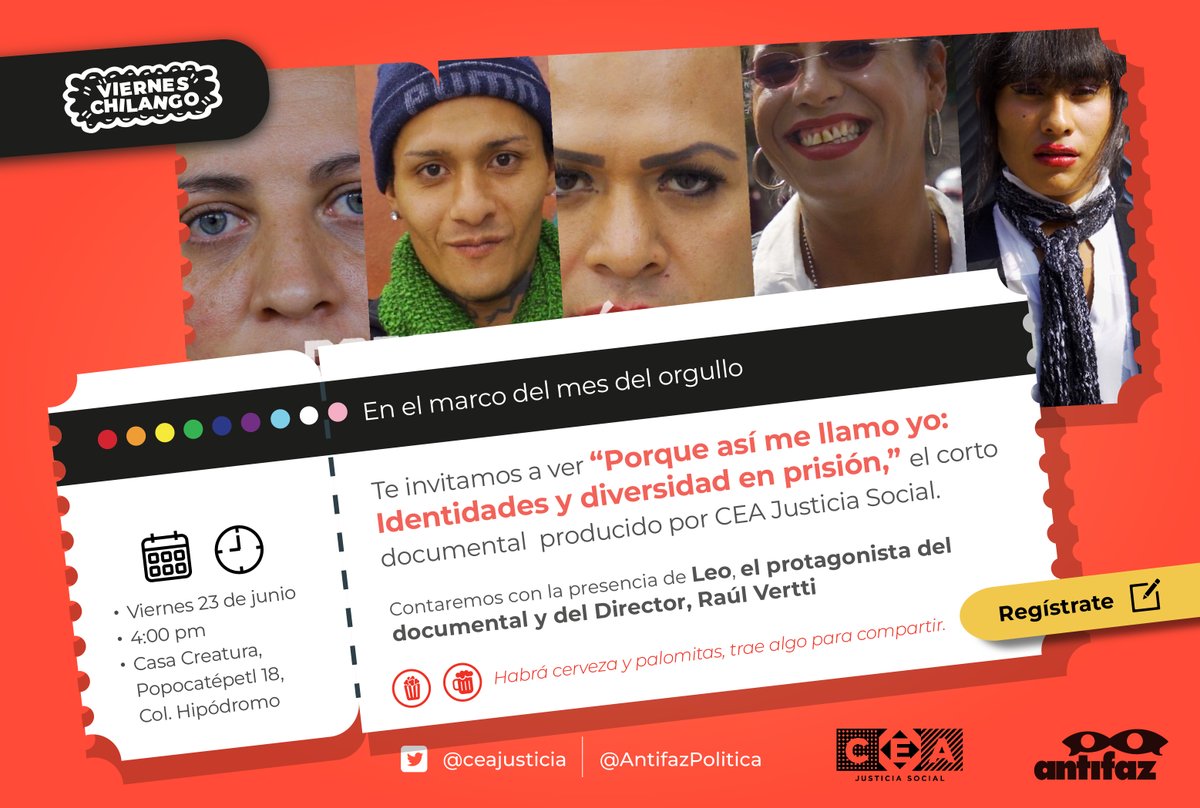 #ViernesChilango 🌶️

📽️¡Pasen y vean! El próximo viernes 23 de junio, en #CasaCreatura, proyectaremos el corto documental de <a href="/CeaJusticia/">CEA Justicia Social</a> sobre población #LGBTIQ+ en centros penitenciarios en #México. 

➡️ Regístrate aquí forms.gle/2dbeQgZqPbFosx…