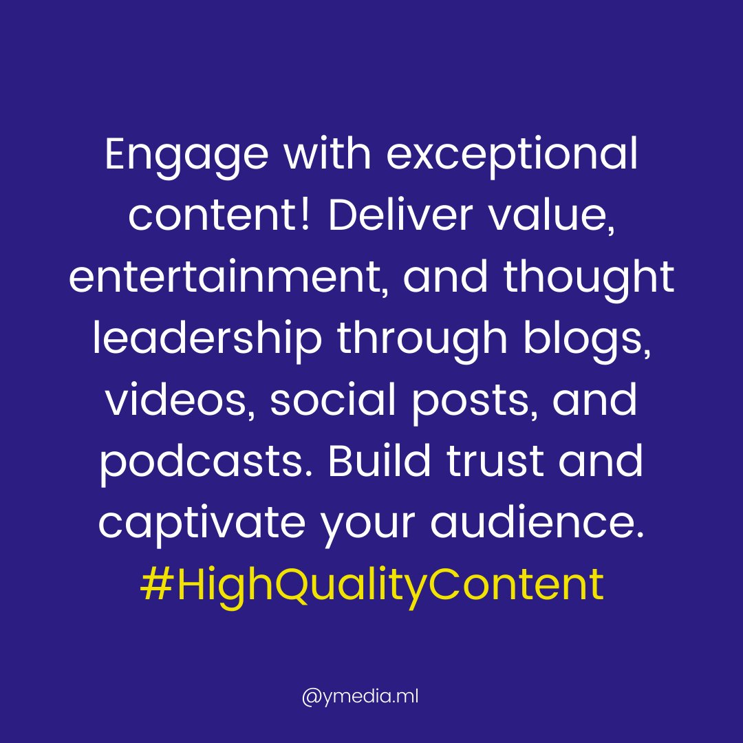 ymediaml's tweet image. Content that captivates! Deliver valuable, engaging content that resonates with your audience. From blogs to videos, social posts to podcasts, provide solutions, entertainment, and thought leadership. Build trust and stand out! #HighQualityContent#ymedia