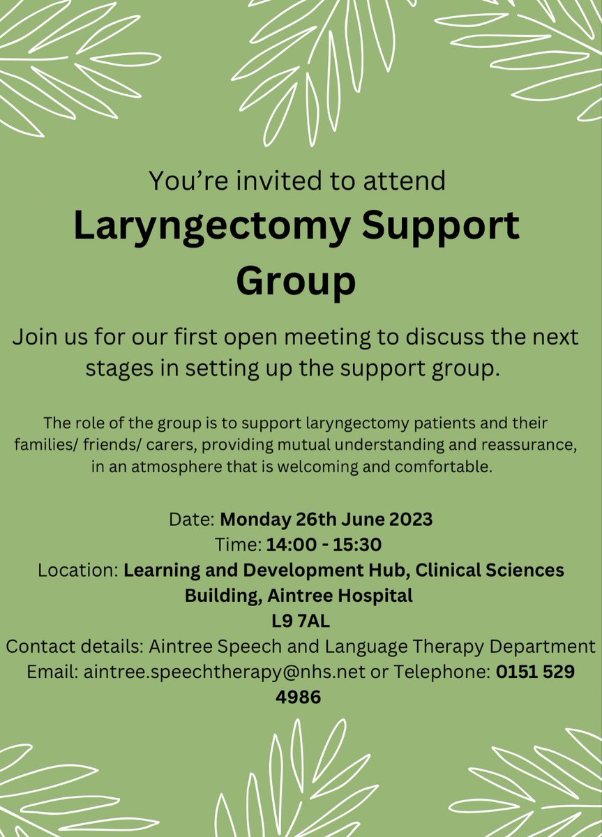 Caryn Molloy-Humphreys (@caryn_slt) on Twitter photo Our wonderful SLTAs <a href="/Katie050207/">Katie</a> and <a href="/SarahWo15812236/">Sarah Woodward</a> have created a #laryngectomy support group, and the first meeting is coming up! 🤩
🗓 Mon, 26th June, 14:00 - 15:30
📍Aintree University Hospital
Please share with anyone who may be interested! <a href="/livHeadandNeck/">Liverpool Head & Neck Centre</a> <a href="/RCSLT/">RCSLT 💙</a> Our wonderful SLTAs <a href="/Katie050207/">Katie</a> and <a href="/SarahWo15812236/">Sarah Woodward</a> have created a #laryngectomy support group, and the first meeting is coming up! 🤩
🗓 Mon, 26th June, 14:00 - 15:30
📍Aintree University Hospital
Please share with anyone who may be interested! <a href="/livHeadandNeck/">Liverpool Head & Neck Centre</a> <a href="/RCSLT/">RCSLT 💙</a>
