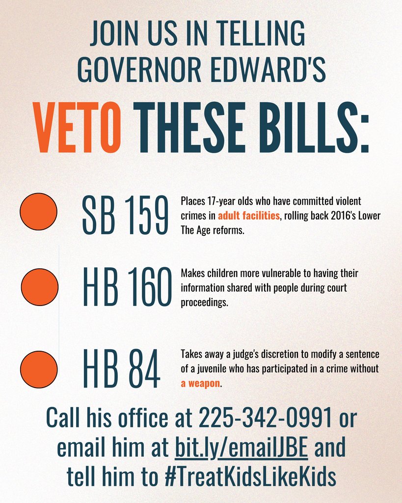 Tell the @LouisianaGov to VETO SB 159, HB 160, and HB 84 ❌
Call his office at 225-342-0991 or email him at bit.ly/emailJBE and tell him to #TreatKidsLikeKids 📲 📩