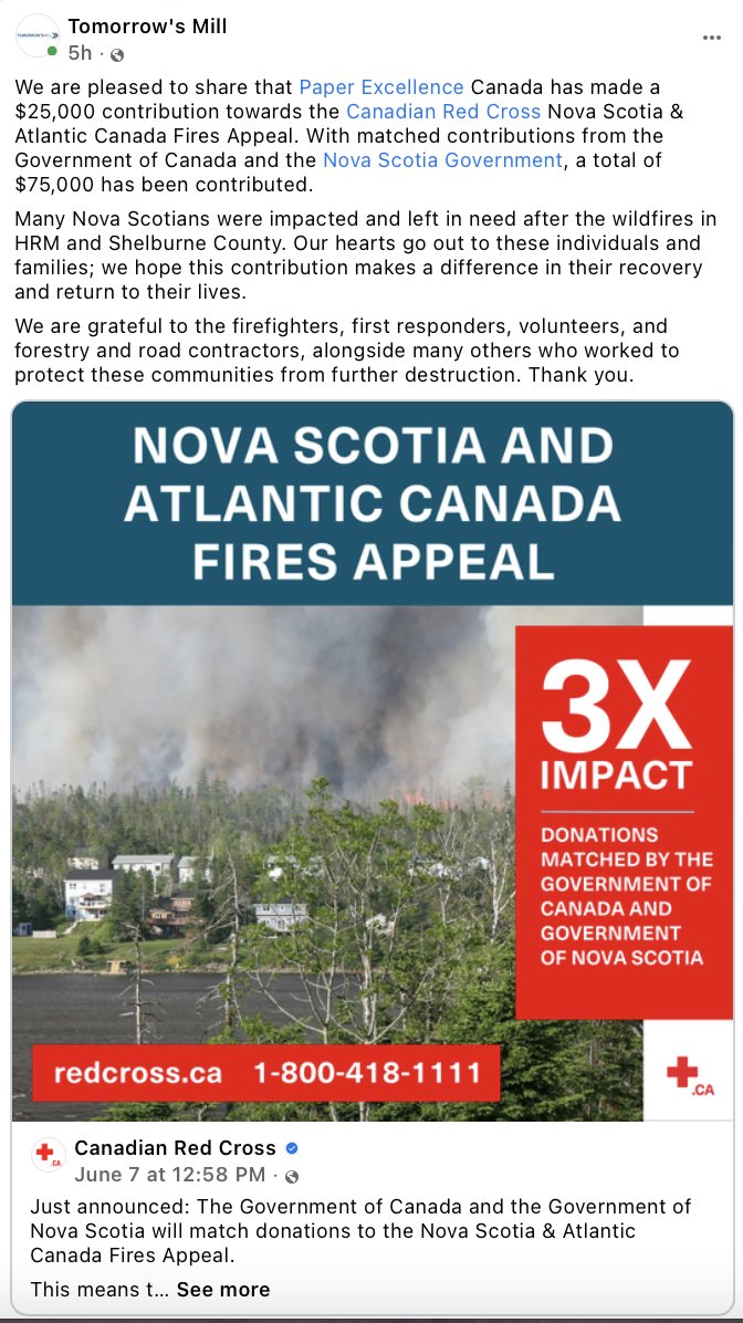 Paper Excellence Canada has made a $25,000 contribution towards the Canadian Red Cross Nova Scotia & Atlantic Canada Fires Appeal. With matched contributions from the Government of Canada and the Nova Scotia Government, a total of $75,000 has been contributed.