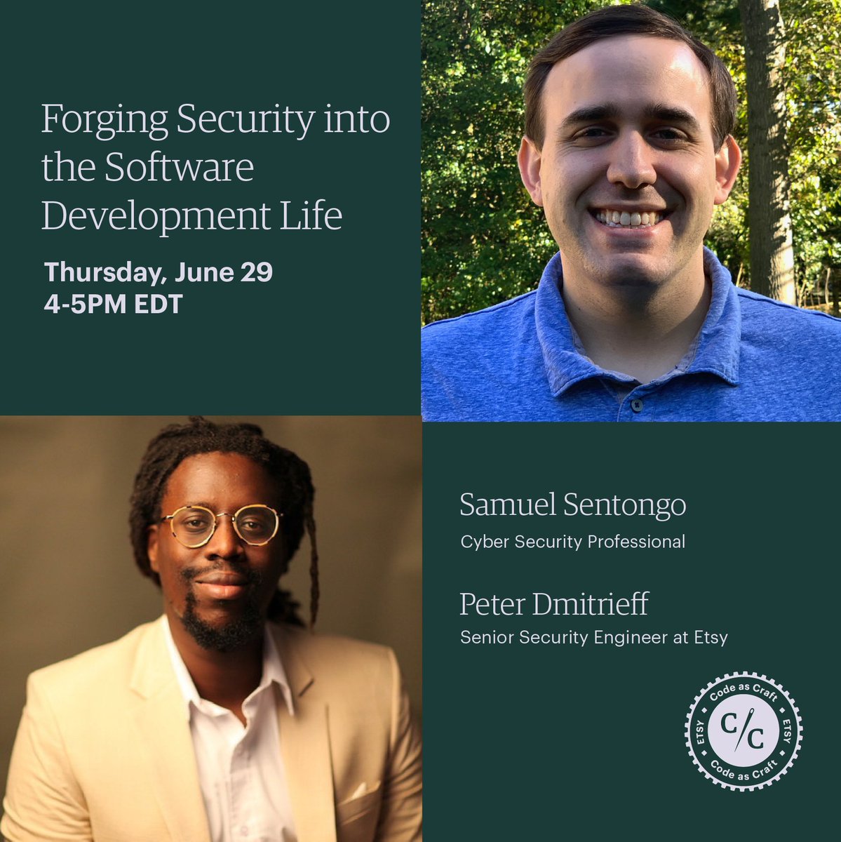 Why integrate rock-solid security throughout your entire software development journey? Join <a href="/Etsy/">Etsy</a> on June 29th for an exciting Code as Craft speaker series with #cybersecurity pros Samuel Sentongo and Peter Dmitrieff. etsy.me/42AOYEL