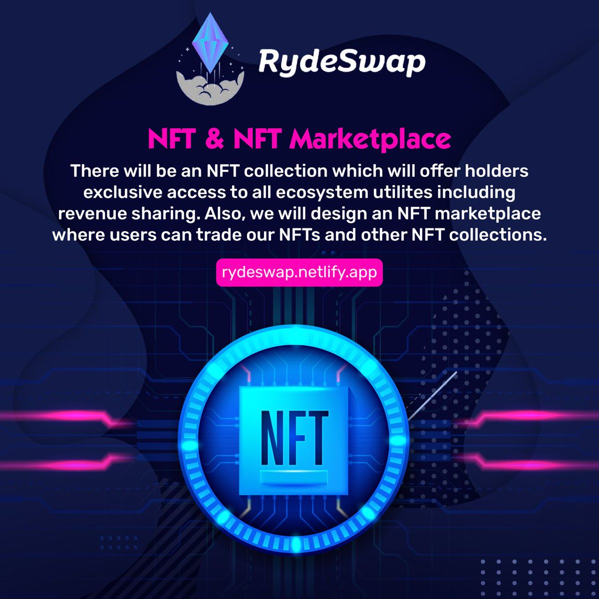 We will design an NFT marketplace where users can trade our NFTs and other NFT collections! ✨✨

#RydeSwap #NFT #CryptoNews