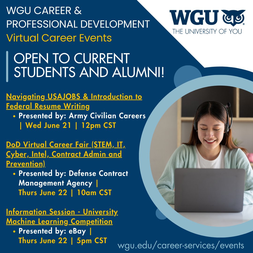 Don't miss out on these upcoming June webinars brought to you by WGU Career &amp; Professional Development Virtual Career Events! Register now and boost your career opportunities! Visit the WGU Career Services Events Page to reserve your spot. wgu.edu/career-service…