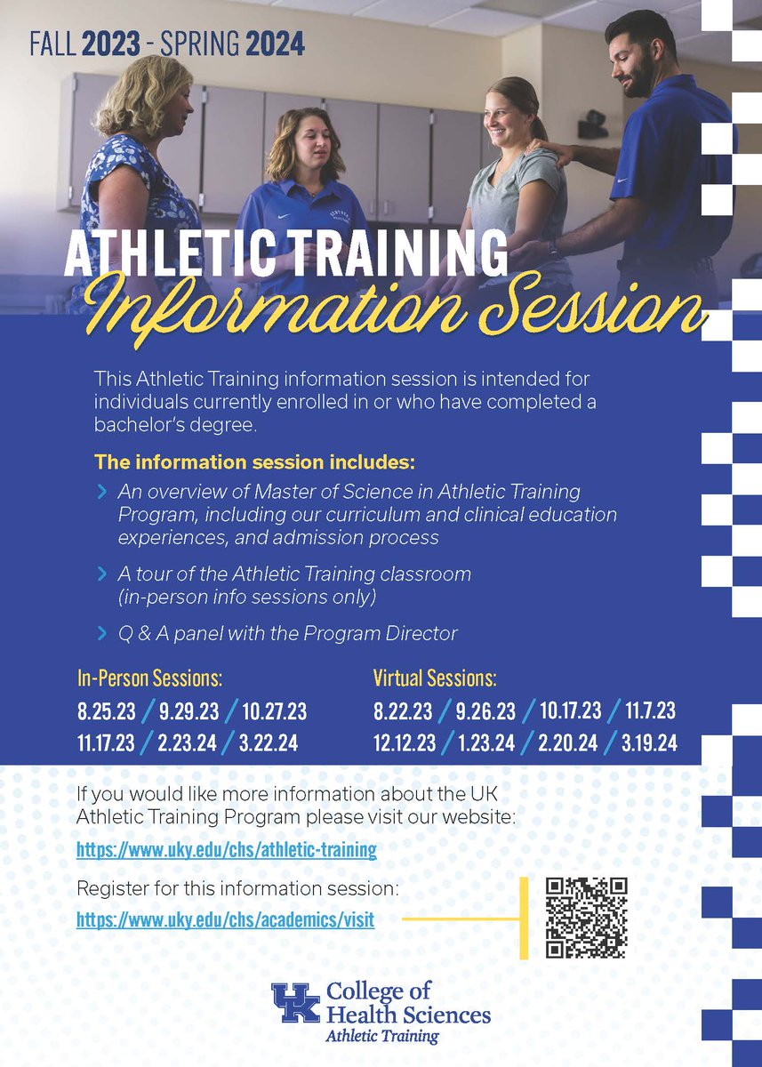 UK CHS Athletic Training Program (@ukchsat) on Twitter photo Want to learn more about our AT Program here at UK? Sign up today for an in-person or virtual informational session. We look forward to seeing you this upcoming academic year!
<a href="/ukchs/">University of Kentucky College of Health Sciences</a> <a href="/UKCollegeofEd/">UK College of Education</a> Want to learn more about our AT Program here at UK? Sign up today for an in-person or virtual informational session. We look forward to seeing you this upcoming academic year!
<a href="/ukchs/">University of Kentucky College of Health Sciences</a> <a href="/UKCollegeofEd/">UK College of Education</a>