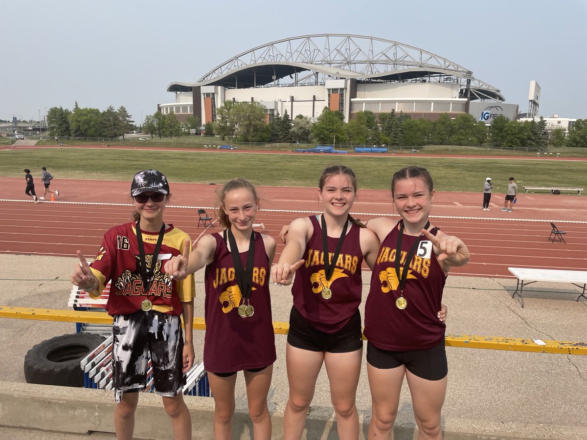 Congratulations to Emma, Kate, Mabel &amp; Ava on winning the gold medal in the 1600 m sprint medley at the Jr. High Provincial Track Meet with a time of 5.03.85! Bravo!