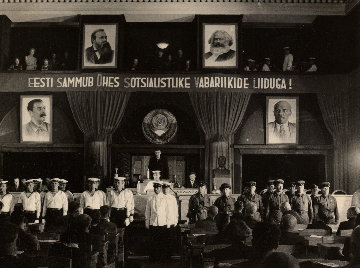BadBalticTakes's tweet photo. 83 years ago today, the soviets invaded Latvia and Estonia, after invading Lithuania the previous day - all as illegally colluded with their nazi allies through the Molotov-Ribbentrop pact.

At the time, the world was largely distracted by the fall of Paris to the nazis. While decent people were horrified by that, the soviets officially sent their congratulations to nazi Germany.

Meanwhile in the Baltics, the soviet occupiers overthrew the governments, began harsh repressions, and staged rigged elections for their own candidates who then illegally ‘requested’ our countries joined the soviet union.

There are some who still don’t understand (or pretend not to understand) that this occupation was an occupation.

This pic shows the absurd theatrics that those bad takes are based on. This is supposed to be Estonia ‘requesting soviet membership’. Yes, that’s the occupying soviets literally occupying the Estonian Parliament during the process.

But the Baltic countries never legally joined the soviet union and so never had to leave it. We’re not ex-soviet republics. We didn’t become independent in 1991. Instead, we formally annulled the nazi-soviet pact - which was already invalid from the moment it was signed - and kicked the occupiers out. We continue to exist on the basis of legal continuation since our countries were founded.

And we will never, ever recognise russia’s illegal annexations of anyone else. Ukraine will end its occupation too.