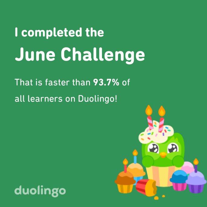 I completed the June challenge faster than 93.7% of all learners on Duolingo!