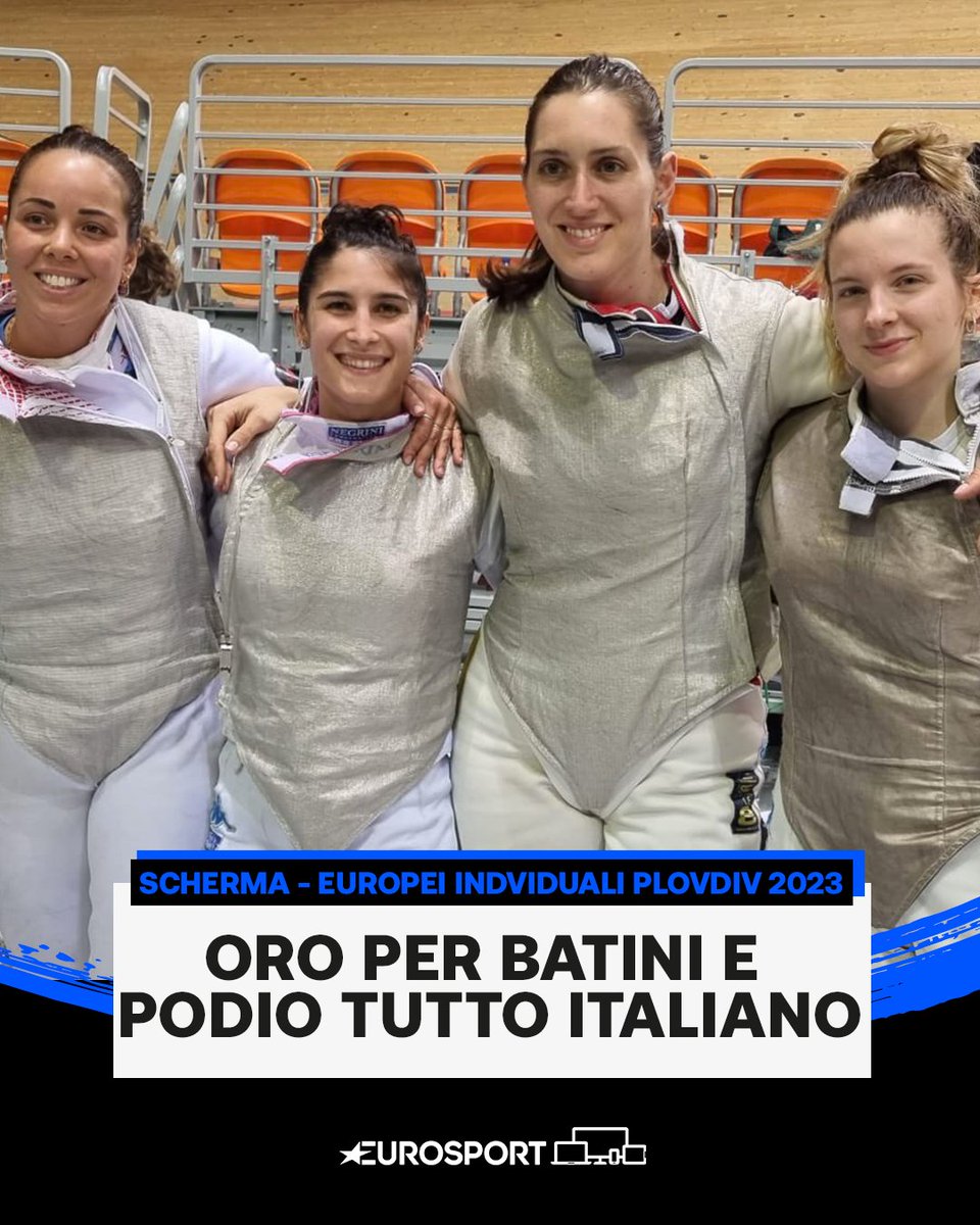 Eurosport_IT's tweet photo. MARTINA BATINI È CAMPIONESSA D'EUROPA 🥇🤺🇮🇹
La squadra azzurra monopolizza il podio nel fiorettto con Favaretto d'argento e la coppia Alice Volpi-Francesca Palumbo di bronzo 👏👏👏
📸 @Federscherma
#EurosportSCHERMA | #Scherma | #Batini https://t.co/j6fLnTIYsg